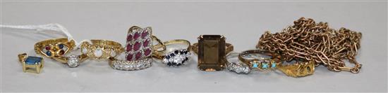 Ten assorted rings including three 18ct gem set, one platinum gem set and six 9ct, a 14ct gold pendant and a gilt metal guard chain.